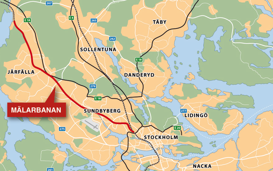 Kartbild över Stockholm med Mälarbanan markerat i rött